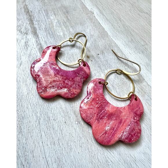 Earrings Statement Earrings Handcrafted Gold Pink Scalloped Arches - Picture 6 of 6